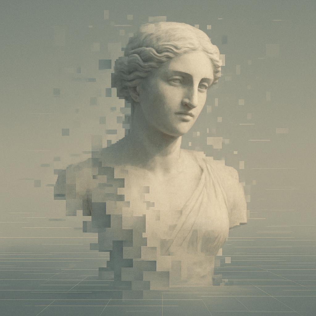 A pixelated statue of a woman with wavy hair and draped fabric, set against a light gray background.