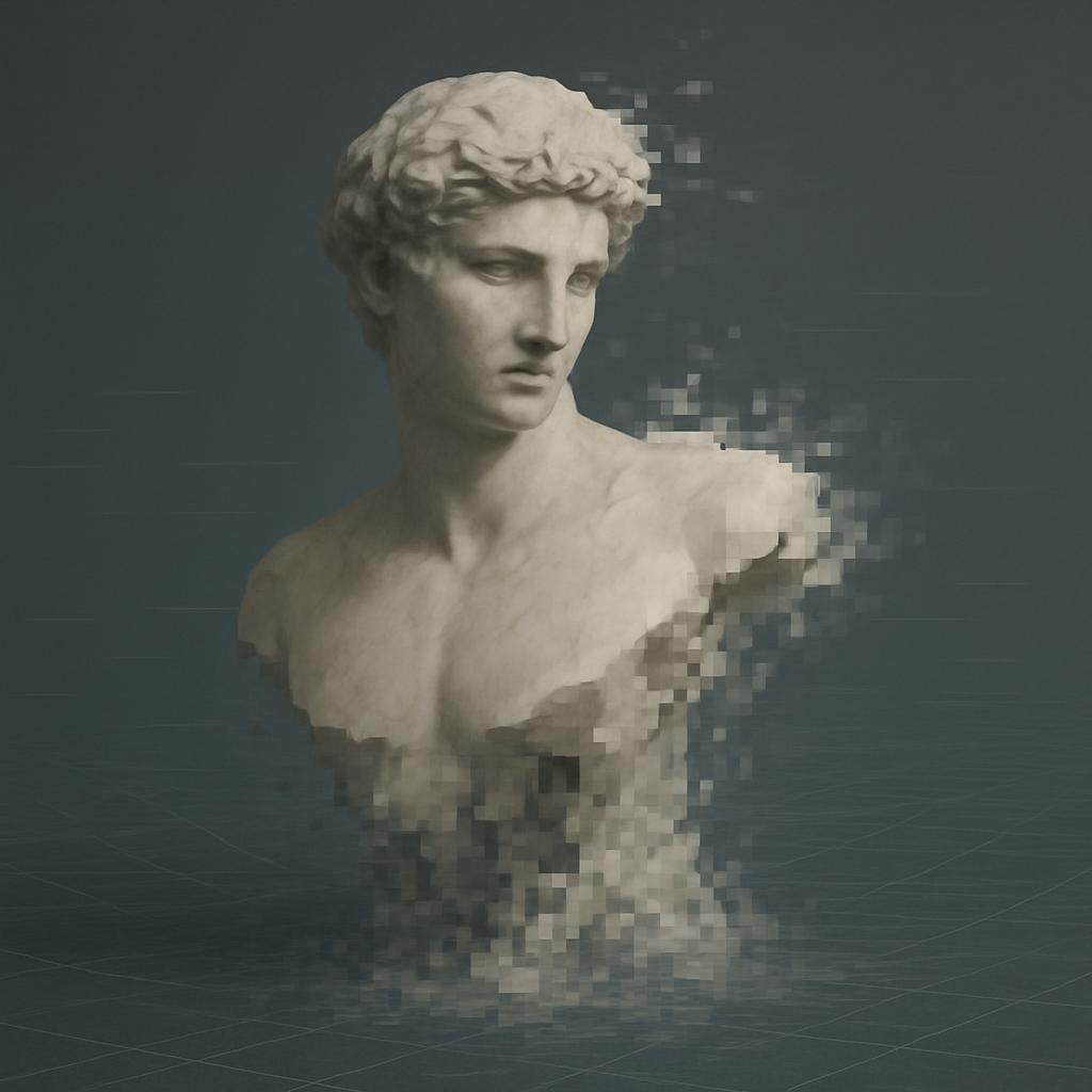 \ Buste de Pierrette sur fond bleuângelique avec poussière pixelée. \ Pierrette’s bust on blue-streaked background with pi...