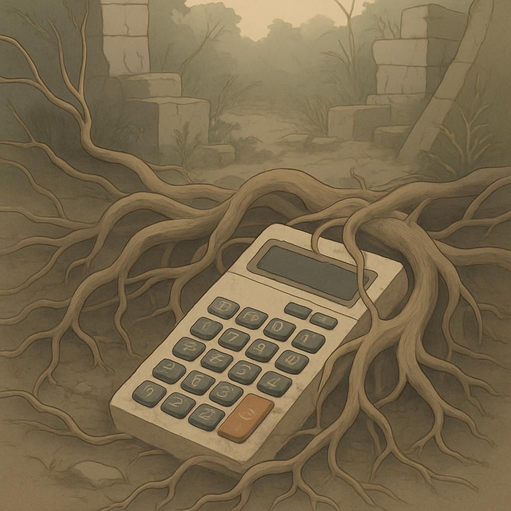 Un calculateur Village abandonné au beau milieu des racines d'un arbre mort.