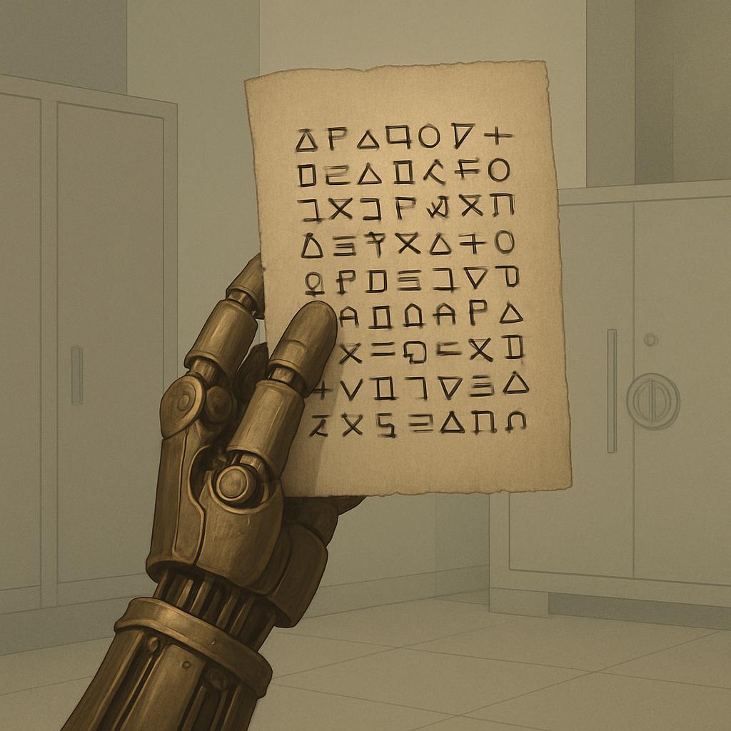 -fictional robotic character holding a piece of "ancient" language that appears to be a combination of Ancient Greek symbo...